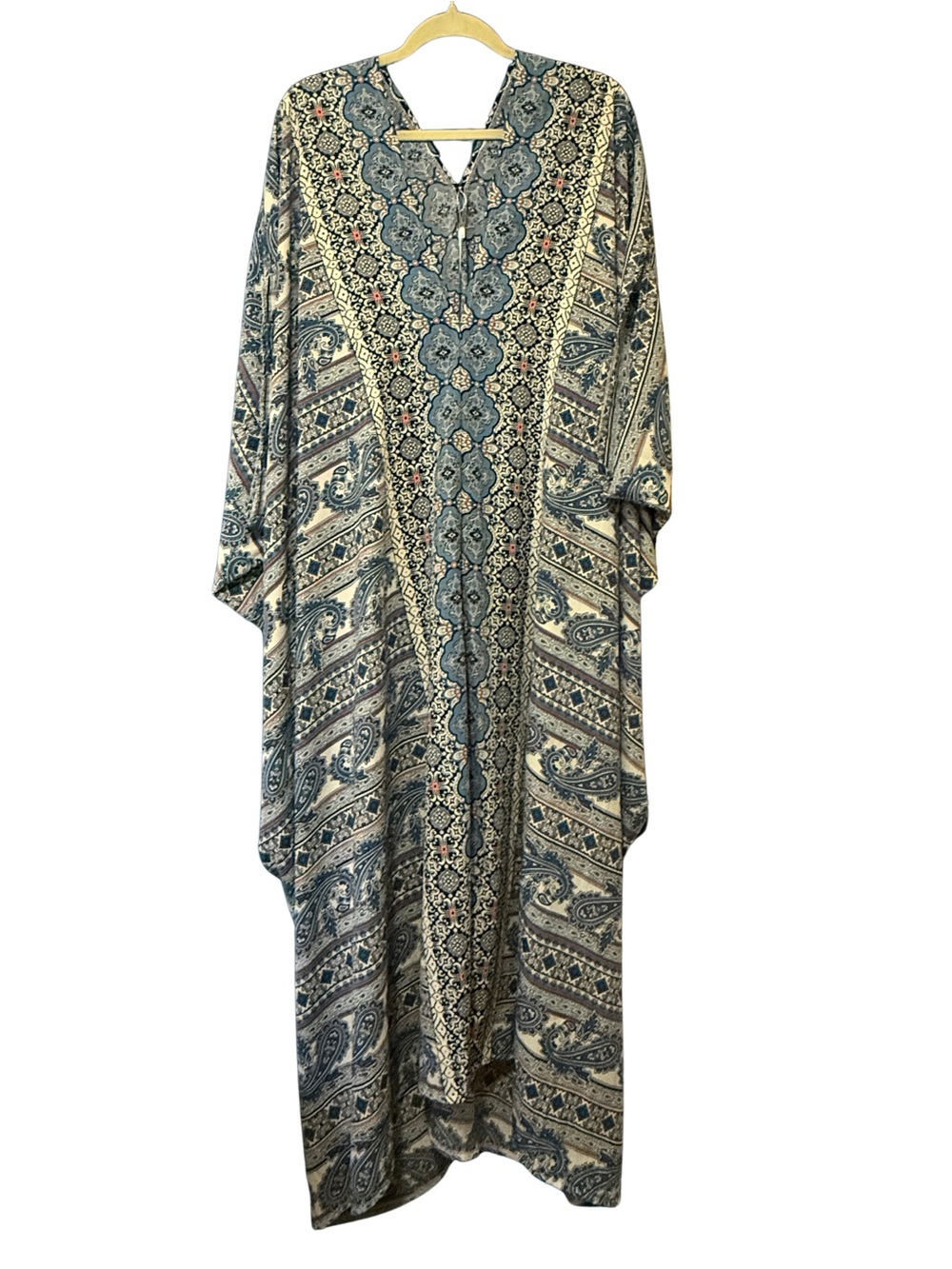 Jennafer Grace Paisley Border Caftan Maxi Dress Blue Coral Pink Ivory New